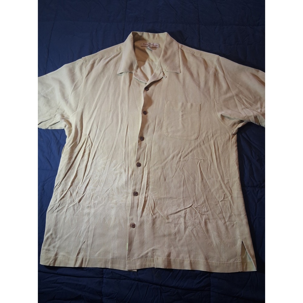 Tommy Bahama Mens Large 100% Silk Palm Tree Jacquard Camp Shirt Tan Short Sleeve